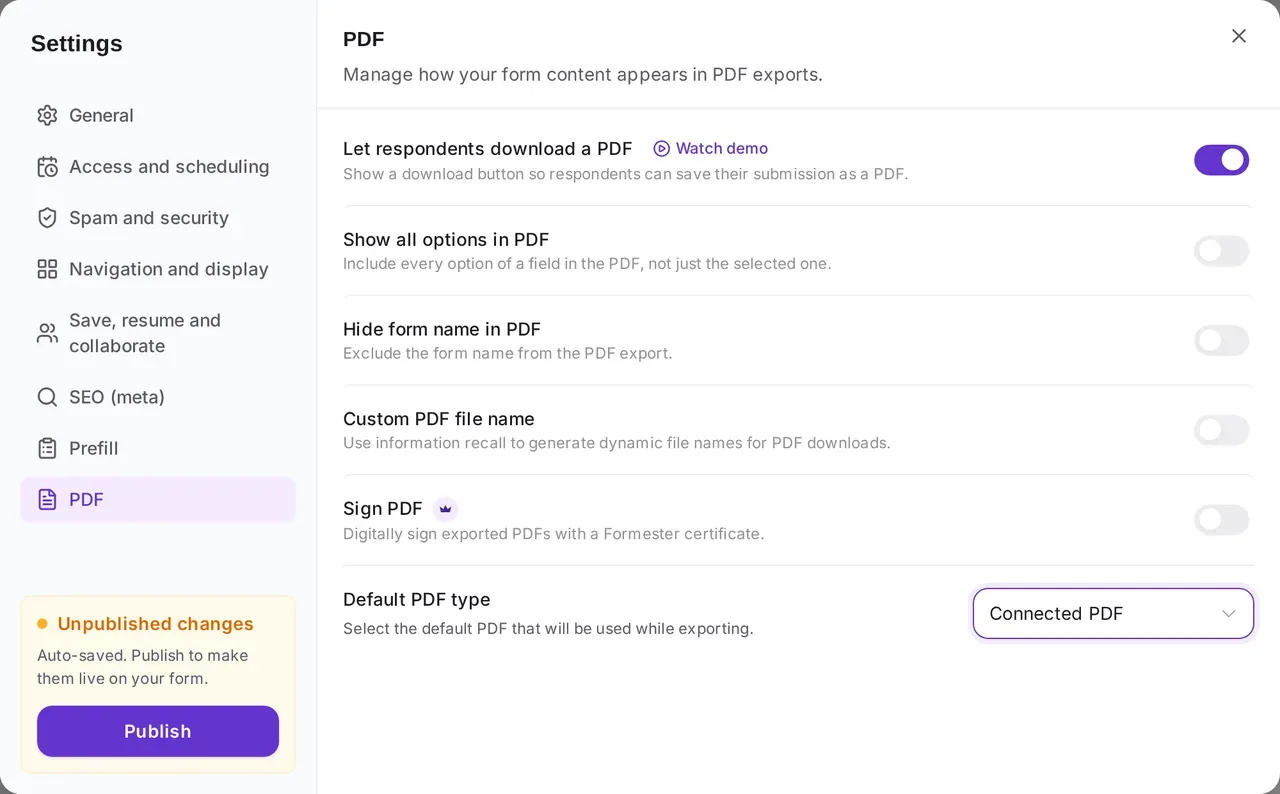 Formester PDF settings with respondent download turned on, a custom PDF file name, and Connected PDF as the default PDF type