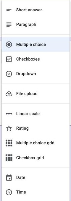 The Google Forms question type dropdown showing Linear scale, Rating, Multiple choice grid and Checkbox grid