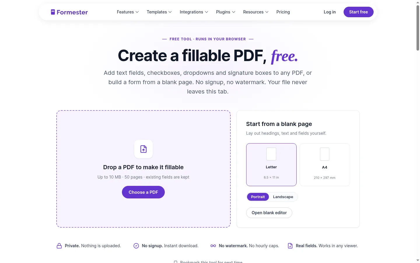 Formester Fillable PDF Creator with the upload area for opening an existing PDF
