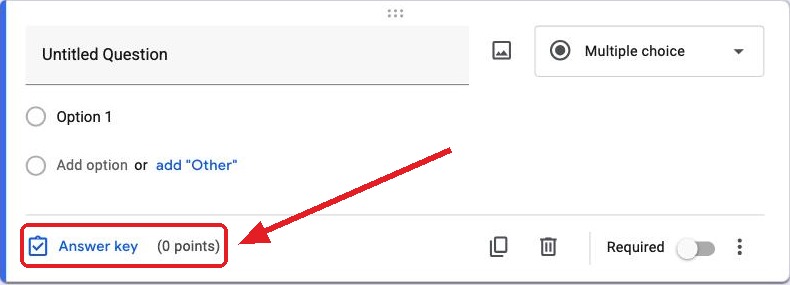 The Answer key link under a Google Forms question, marked with a red arrow