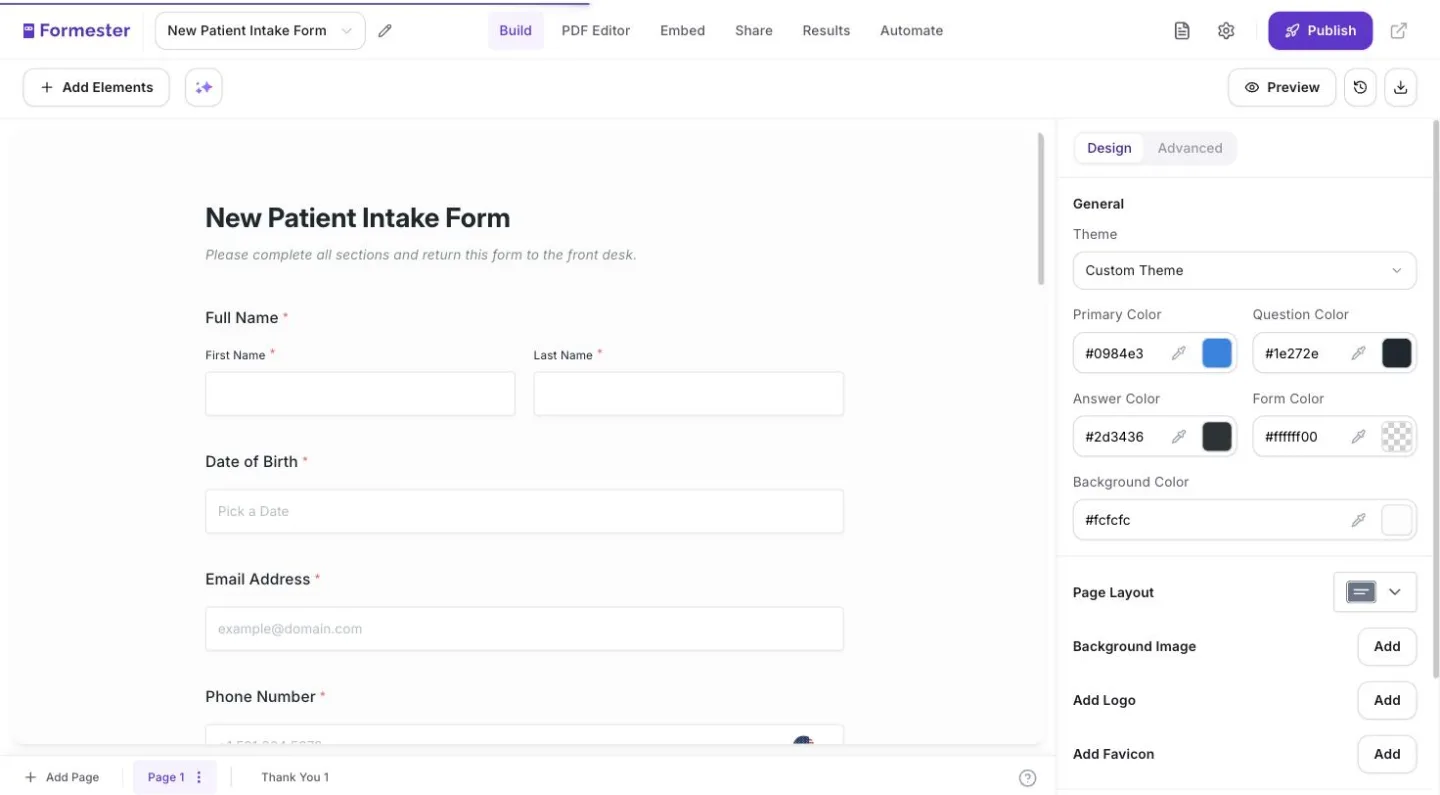 formester form builder showing ai-detected fields from an uploaded patient intake pdf