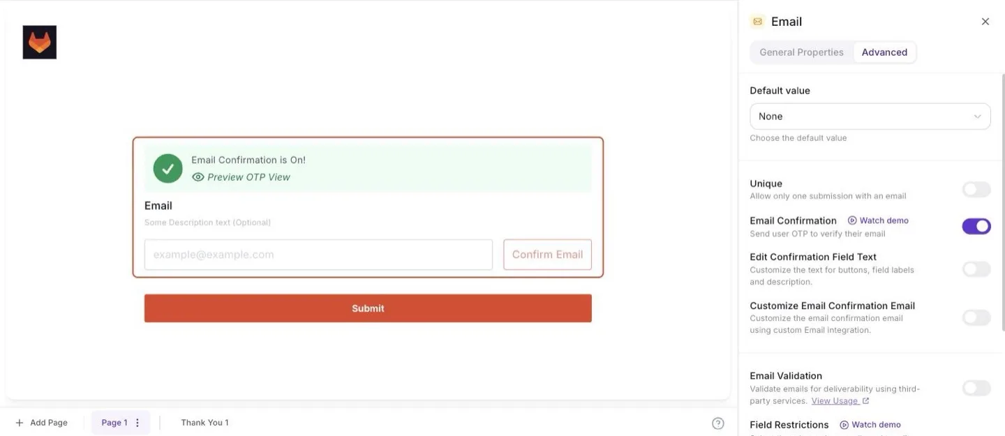 Formester form builder showing email verification settings on an email field