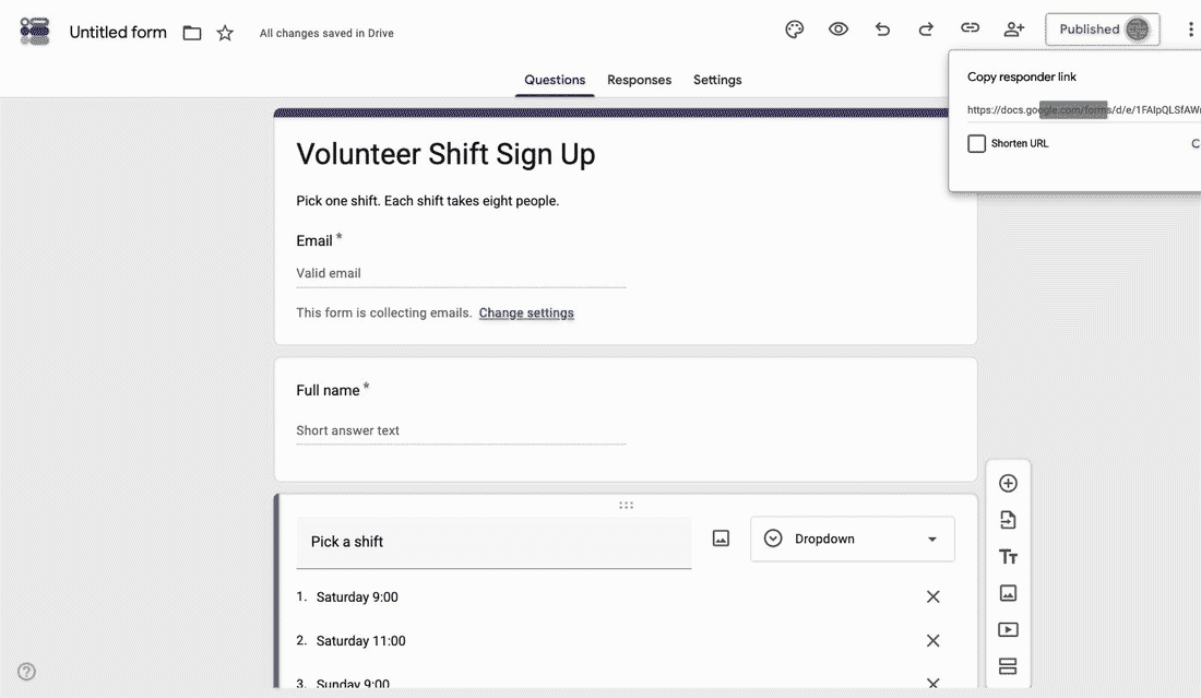 Opening Published options in Google Forms, choosing After a number of responses, typing 24 and saving
