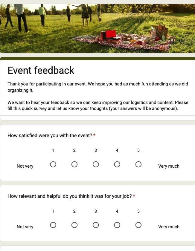 Google Forms Event Feedback template showing a 1 to 5 satisfaction scale from Not very to Very much