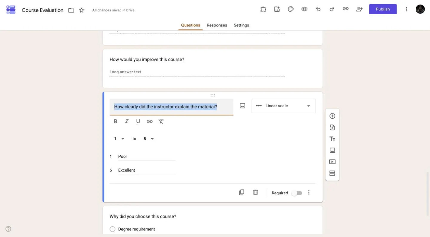 Setting up a 1 to 5 linear scale rating question in Google Forms with Poor and Excellent labels