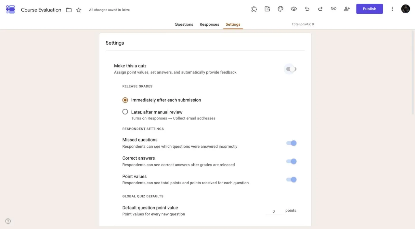 Google Forms settings with the Make this a quiz toggle turned on showing release grades and respondent options