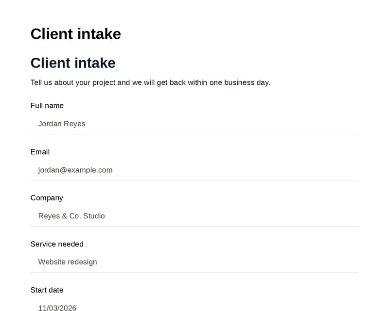 First page of a Document layout PDF generated from a client intake submission