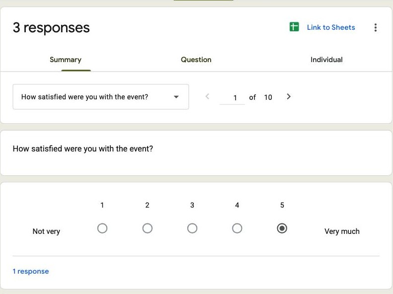 Google Forms Question tab with a question picker showing 1 of 10 and the answers to a single question