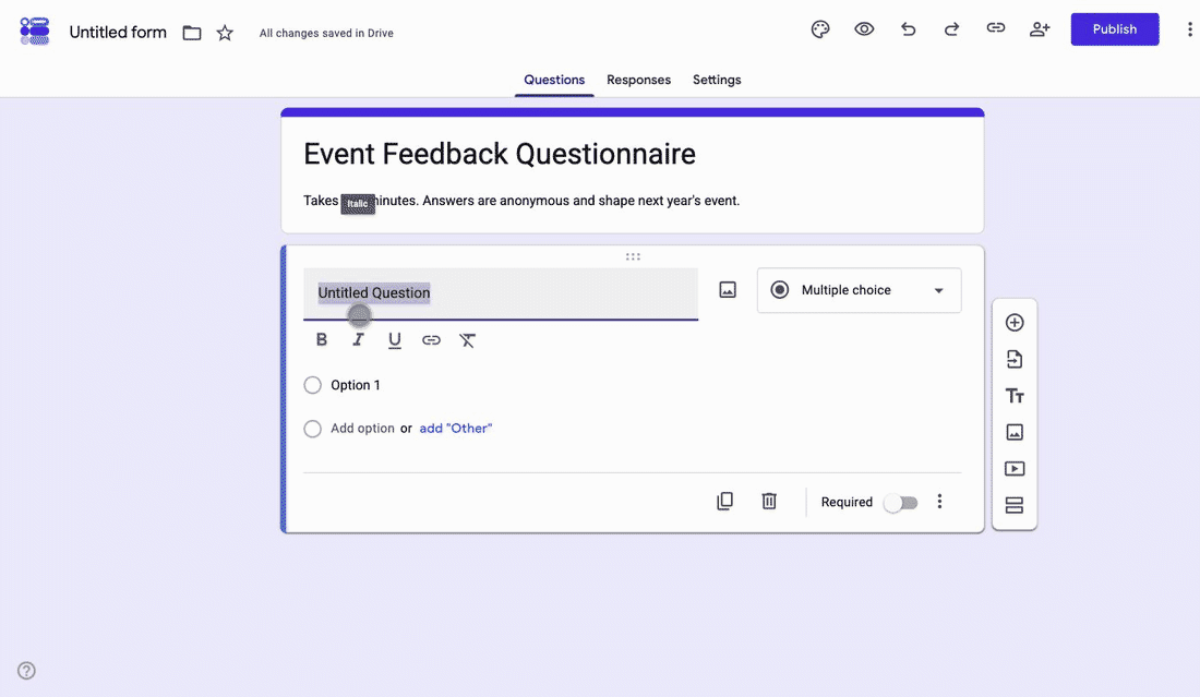 Adding three questions in Google Forms: a Multiple choice with three options, a Linear scale picked from the type dropdown and a Paragraph