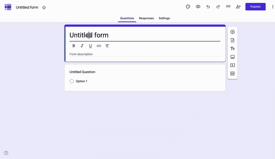 Naming a blank Google Form Volunteer Shift Sign Up and typing the rules into the description