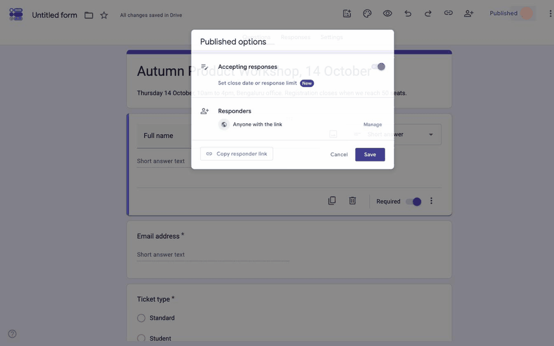Setting a response limit of 50 in the Google Forms Stop accepting responses dialog so registration closes itself