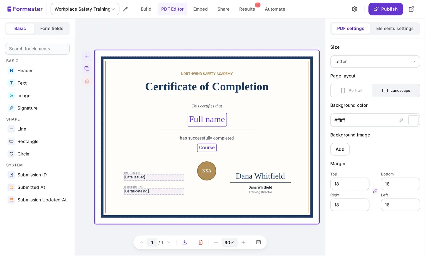 The Formester PDF Editor with a landscape certificate of completion: Full name and Course placed from the form, date issued and certificate number boxes, and PDF settings set to Letter and Landscape