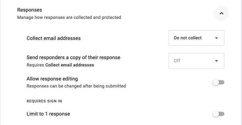 The Google Forms Settings Responses panel showing Collect email addresses set to Do not collect and Send responders a copy requiring it