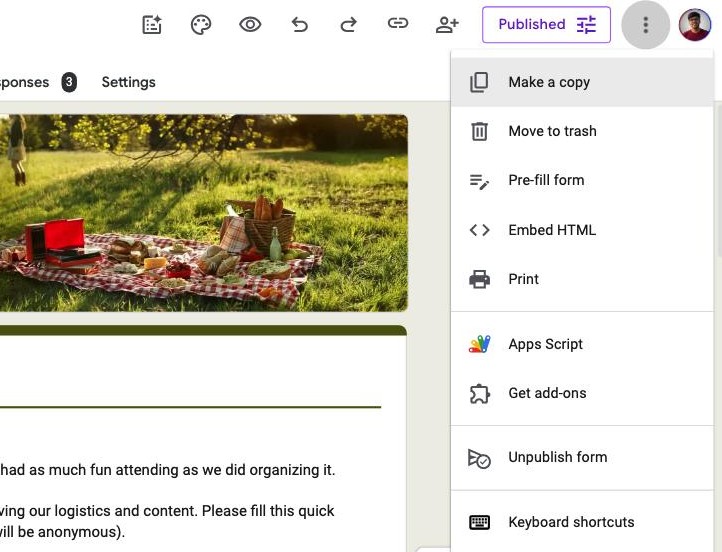 The Google Forms editor three-dot menu open, showing the Print option alongside Make a copy and Get add-ons