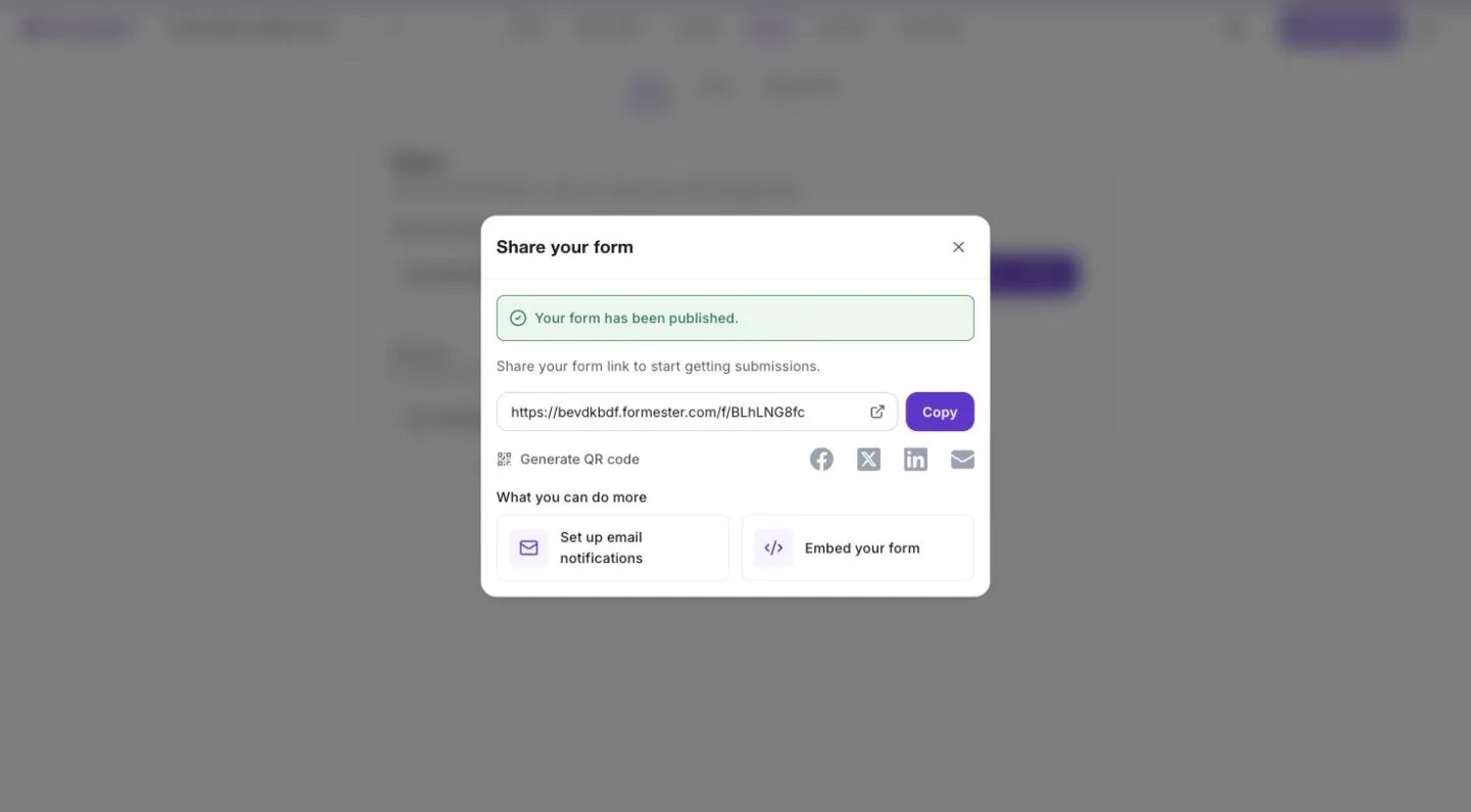formester share dialog after publishing with form link, qr code and embed options