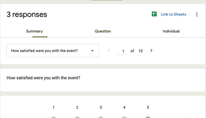 The Google Forms Question tab showing every answer to a single question, the view to print from for one question