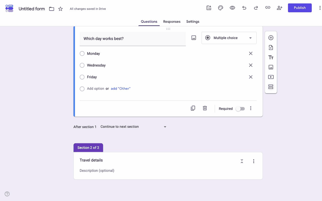 Adding a section in Google Forms and naming it, with the form splitting into Section 1 of 3 and Section 2 of 3