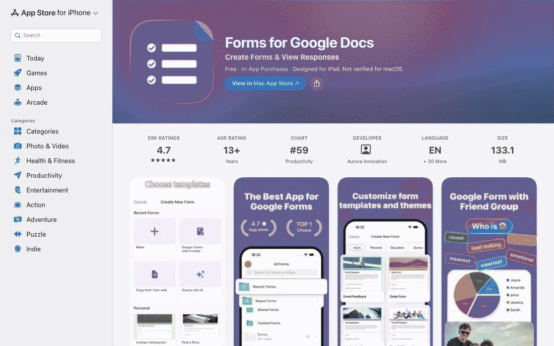 The App Store listing for Forms for Google Docs, a free third-party app with in-app purchases, with its description expanded