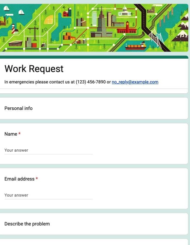 Google Forms Work Request template showing a Personal info section with Name and Email address