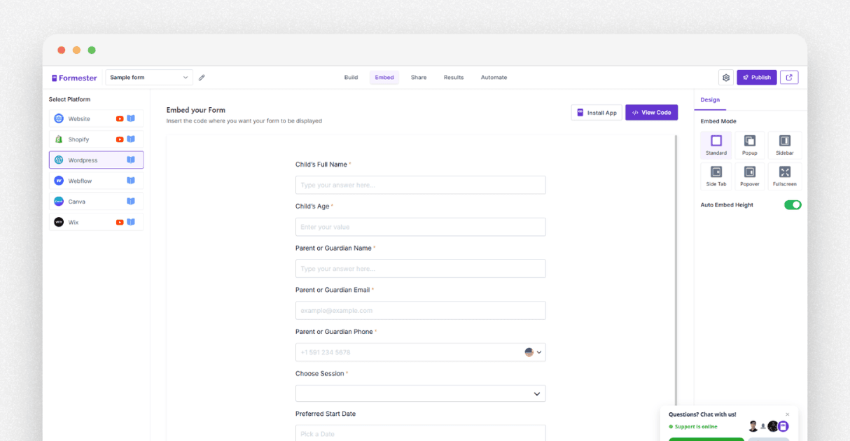 a screenshot of Formester's form embed tab