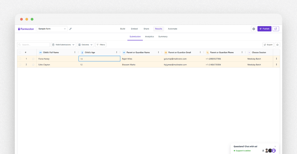 a screenshot of Formester's form results tab