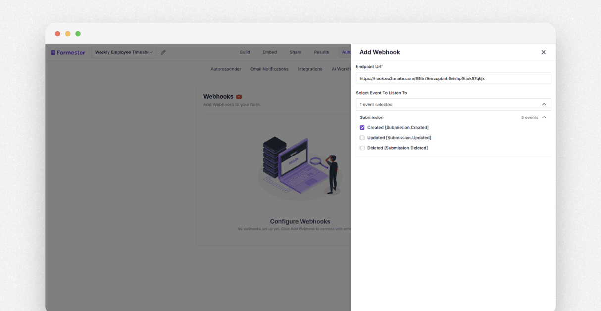 a screenshot of formester form webhook integration