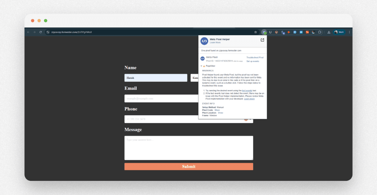 a screenshot of formester form with meta pixel helper