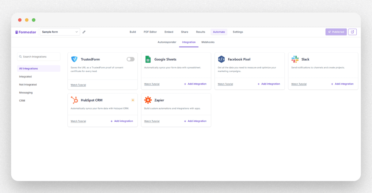 a screenshot of formester integrations