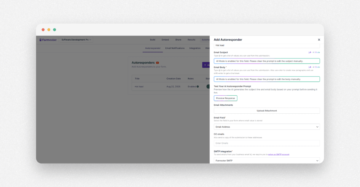 a screenshot of formester's ai email autoresponder