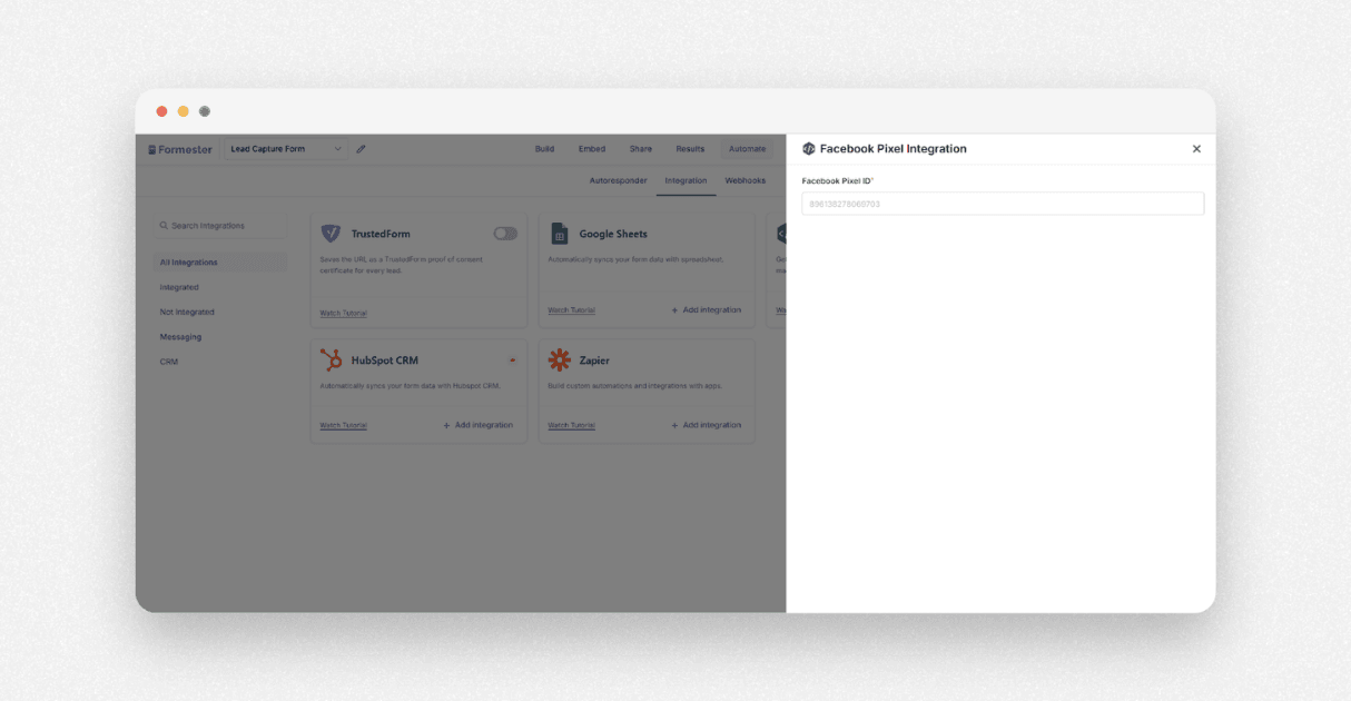 a screenshot of formester's facebook pixel integration