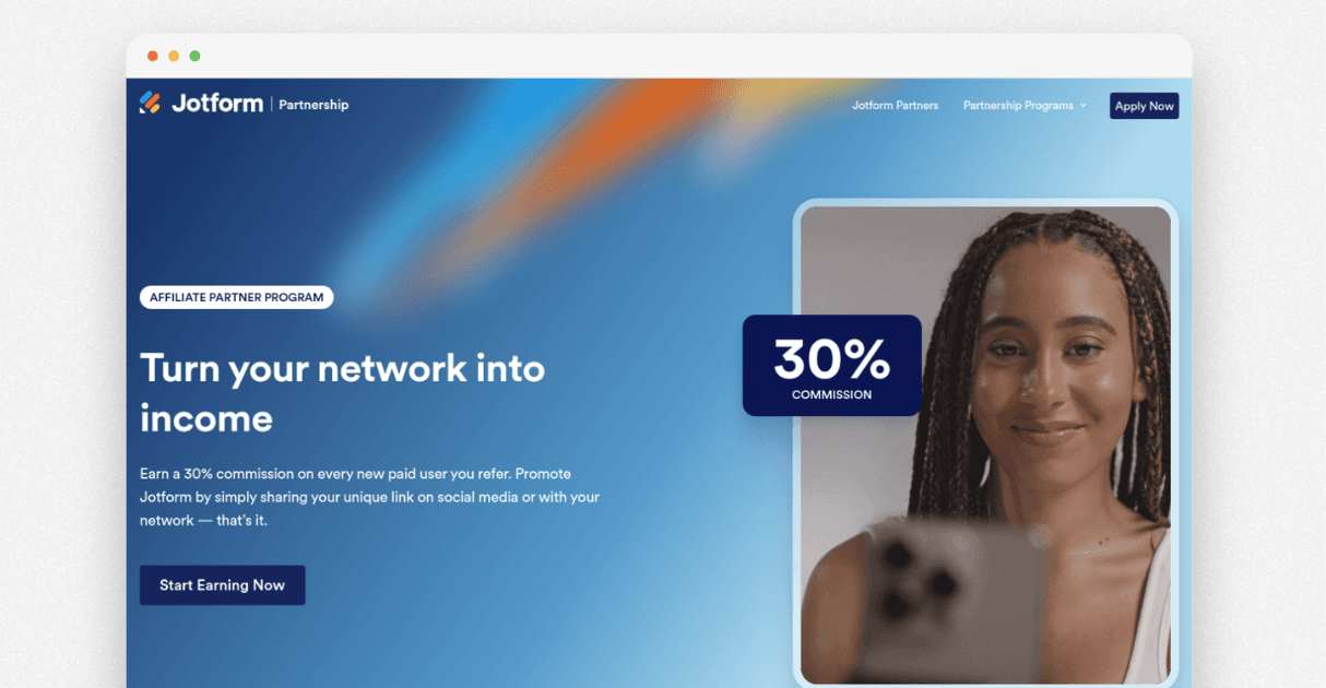 a screenshot of jotform's affiliate program