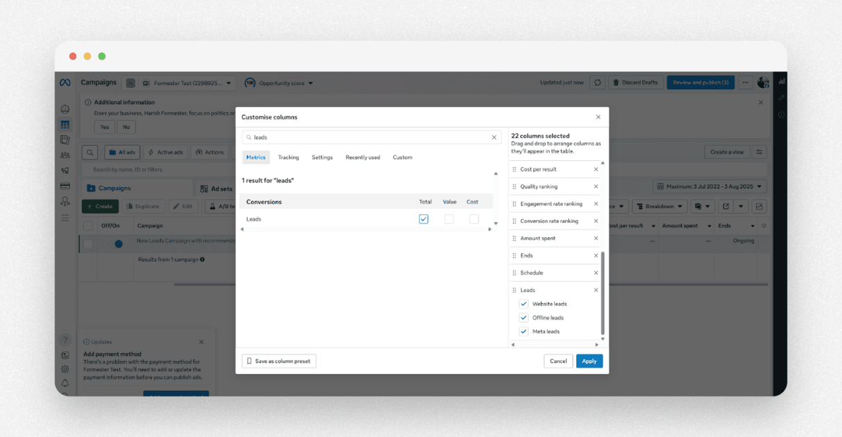 a screenshot of meta ads manager