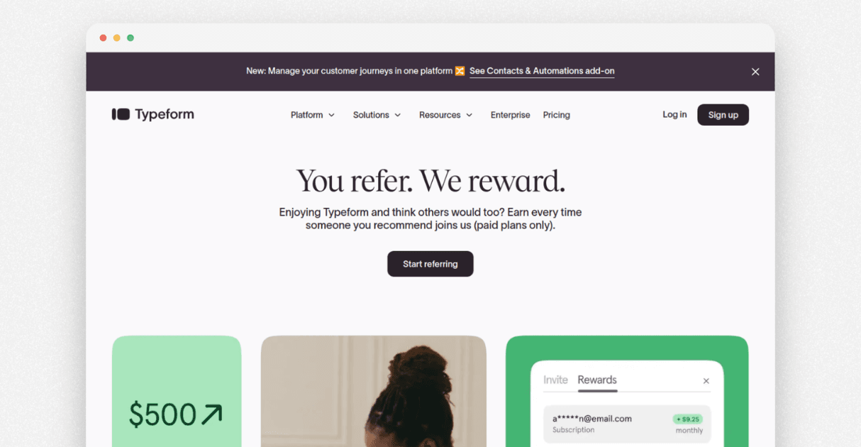 a screenshot of typeform's affiliate program