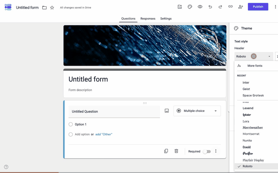 Changing the header font in Google Forms from Roboto to Playfair Display, with the form title updating