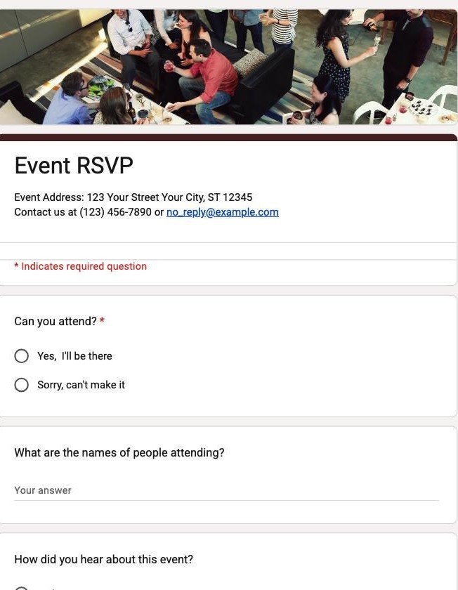 Google Forms Event RSVP template showing a Can you attend question and a field for names of attendees