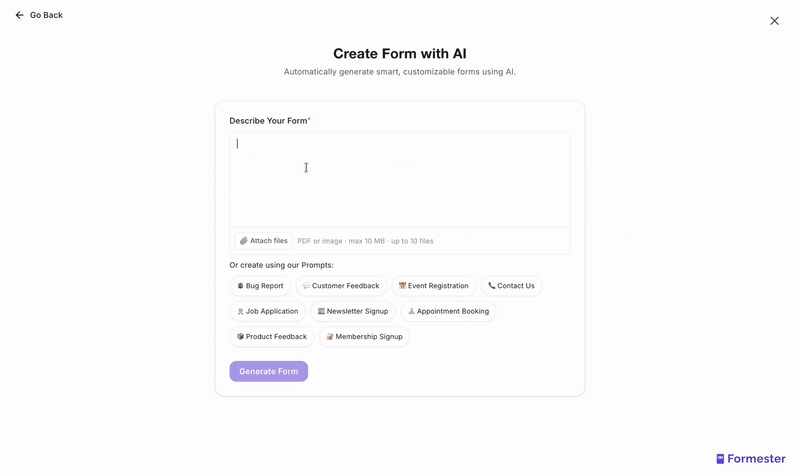 Formester AI generating a consent form from a typed prompt