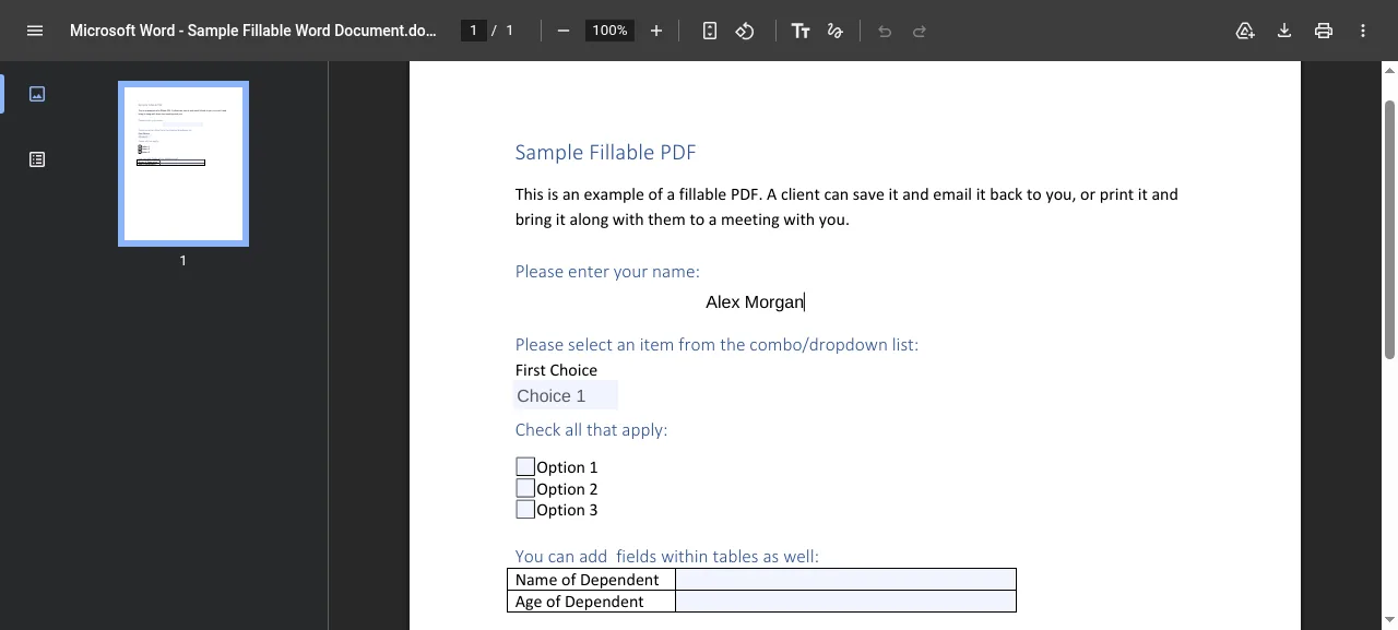name entered in a fillable PDF field in the Chromium PDF viewer