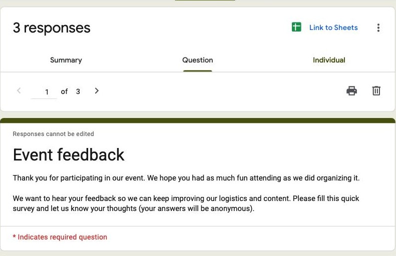 Google Forms Individual tab showing response 1 of 3 with the print and delete icons above it