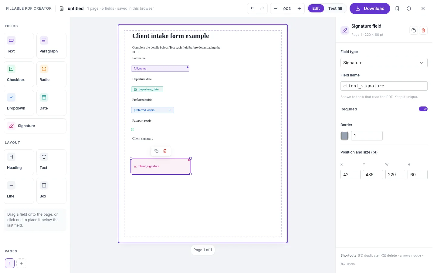 PDF editor with labeled text, checkbox, dropdown, date and signature fields on a sample form