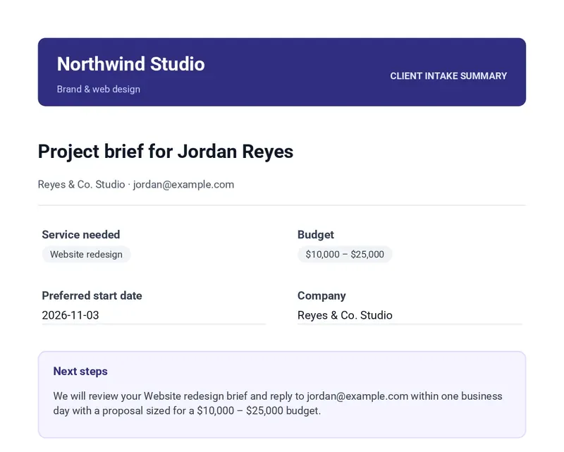 First page of a branded client intake summary PDF built in the PDF Editor