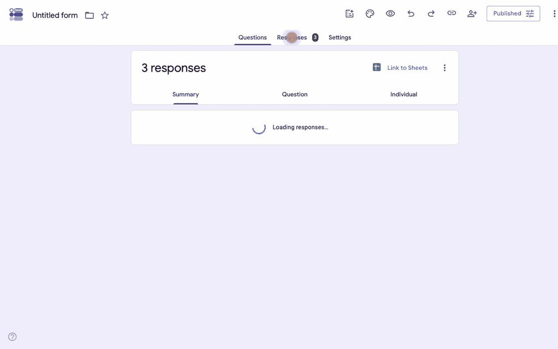 The Google Forms Responses tab with its summary charts, then linking the form to a new Google Sheet