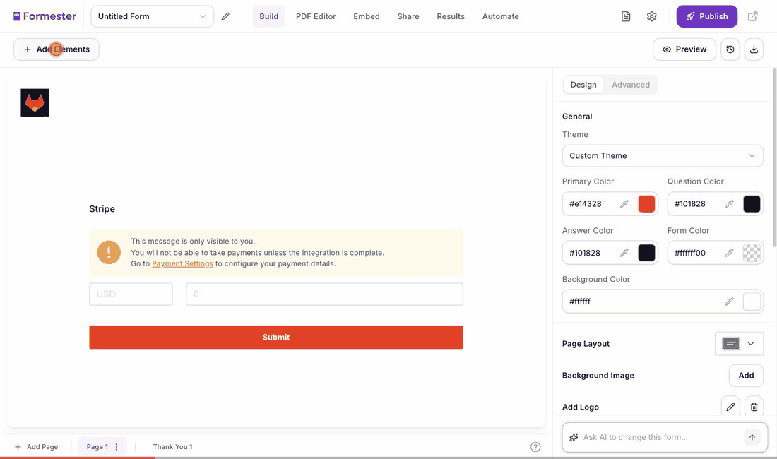 Adding a Signature field to a form in the Formester builder from Add Elements, showing the signature box on the form