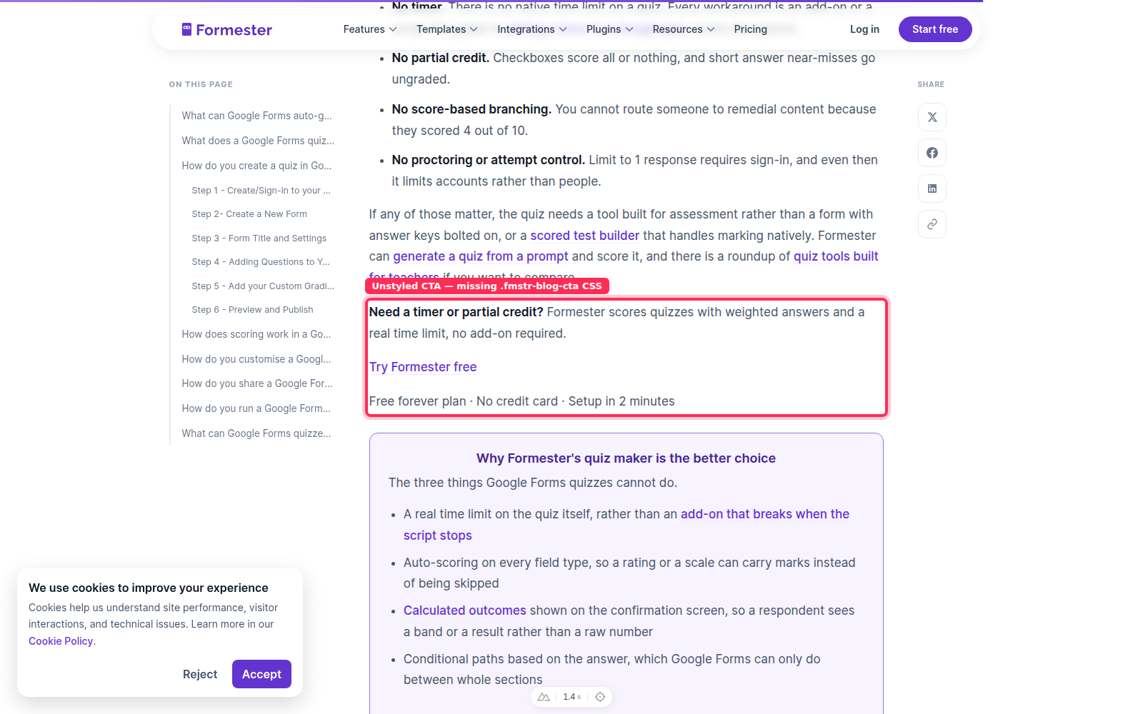 Unstyled .fmstr-blog-cta block on the quiz page