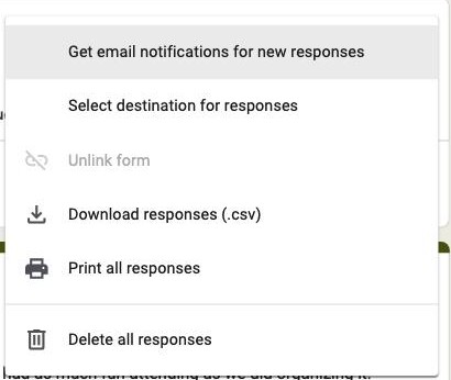 The Google Forms Responses three-dot menu with Delete all responses at the bottom
