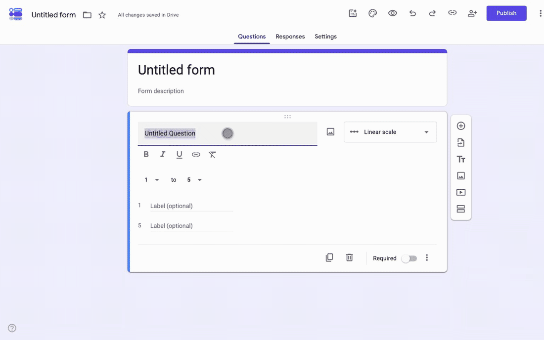 Typing a question into a new Google Forms question card
