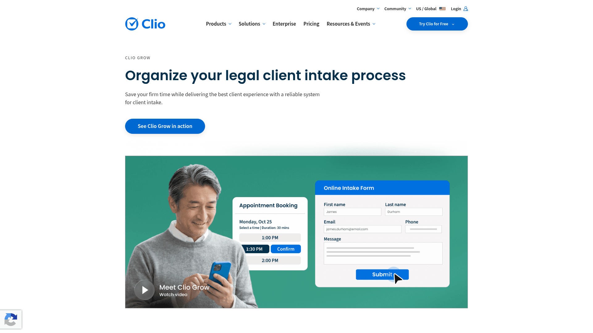 Clio Grow homepage hero screenshot