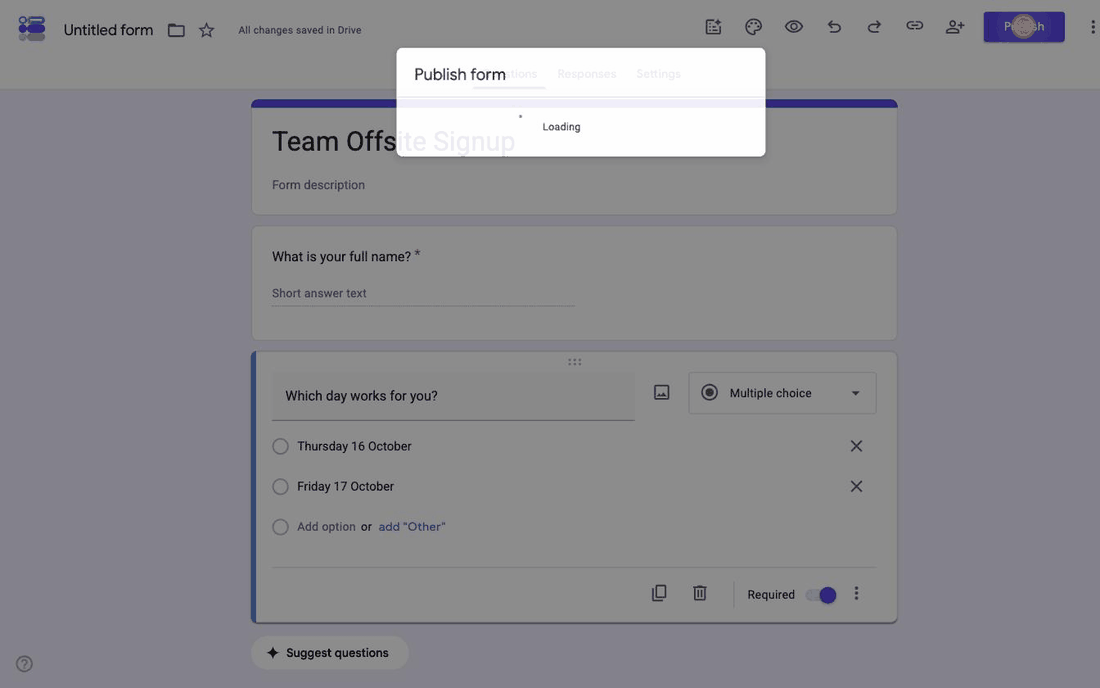 Publishing a Google Form, choosing who can respond, then copying the responder link with Shorten URL ticked