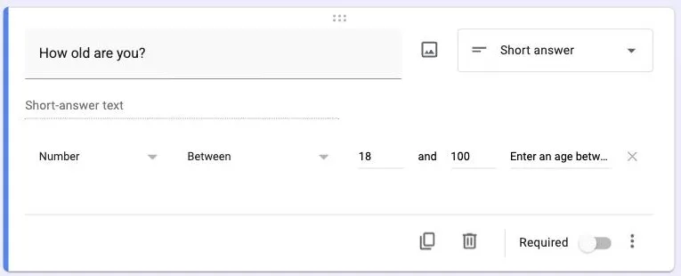 Number validation configured in Google Forms requiring an answer between 18 and 100