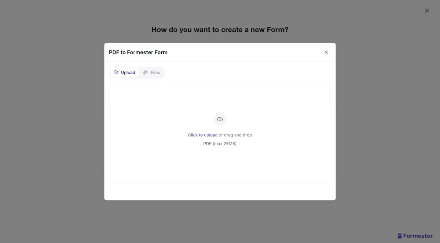 pdf upload dialog in formester with drag and drop area