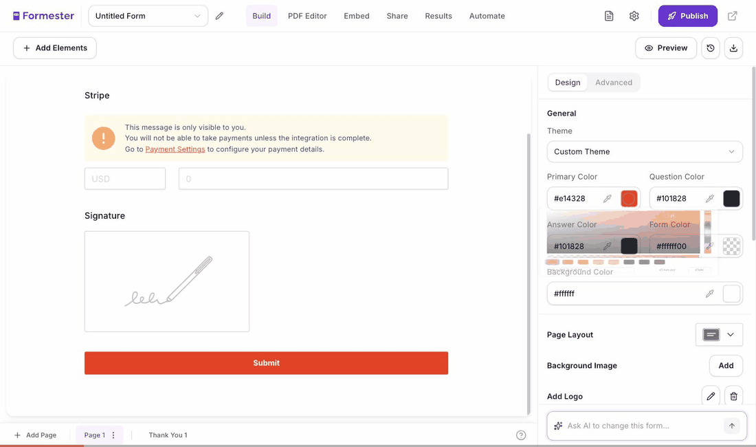 Setting a brand color in the Formester builder, with the form's Submit button recoloring to the exact hex